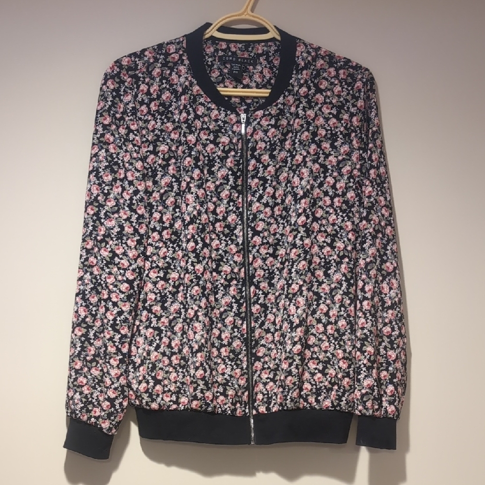 COMO BLACK - Bomber Jacket - Women's Floral Zip Front in Black and Pink